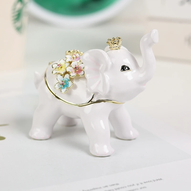 SHINNYGIFT Elephant Figurine with Crown Animal Enamel Trinket Box, Hinged Decorative Jewelry Storage Box for Dressing Table