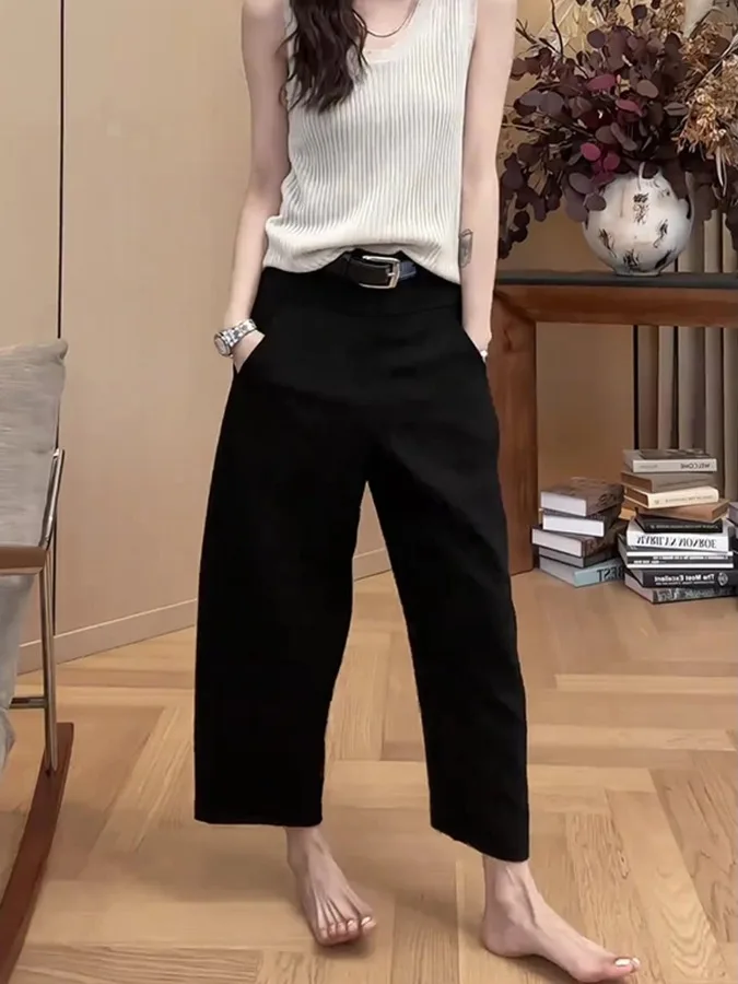 

Simple Casual Pants High Waist Straight Leg Summer Workwear for plus Size Women Fashionable Slimming Nine-Piece Suit Pants