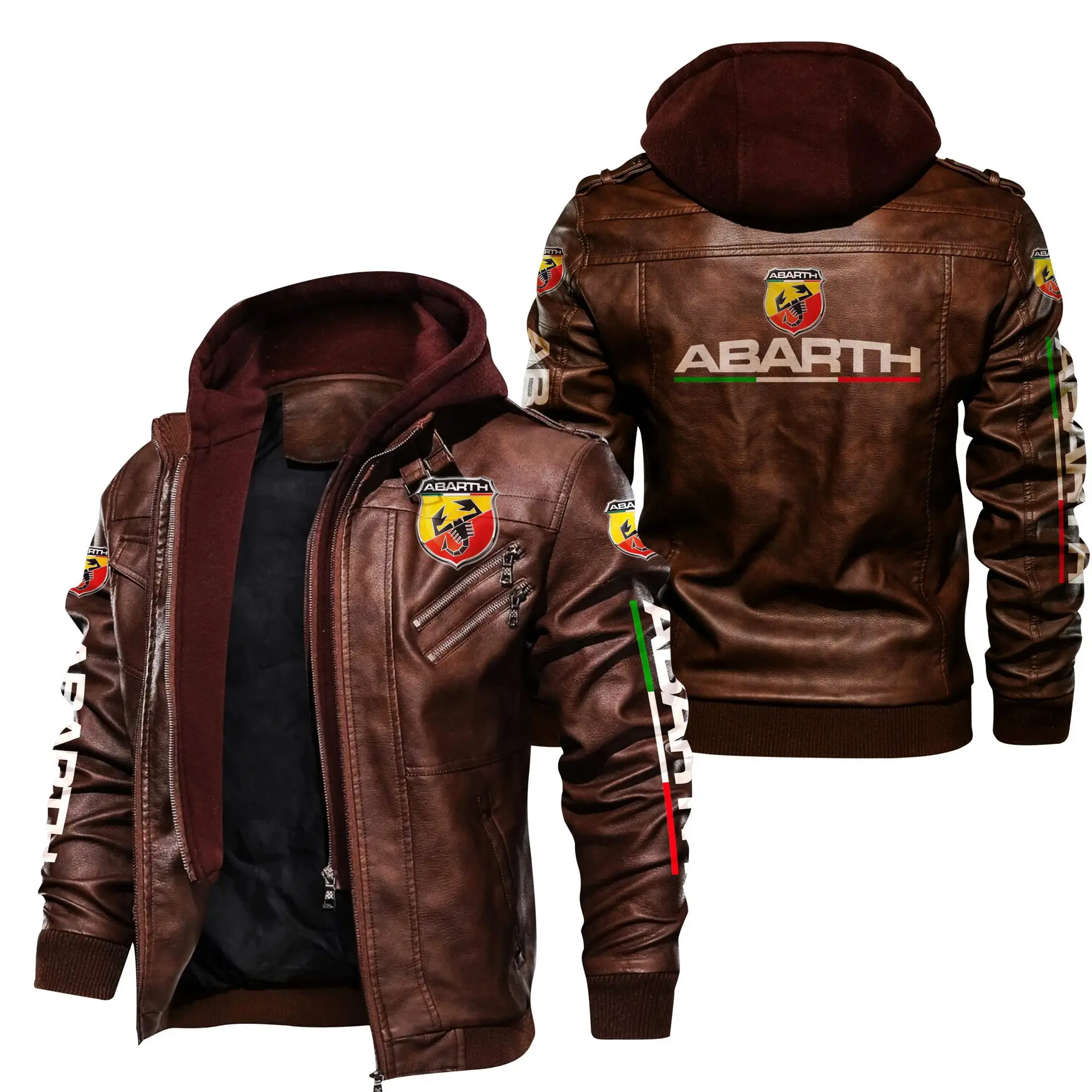 2023 New Winter Eurosize Men's Pu Leather Abarth Logo Long Sleeve Zipper Hooded Jacket Fleece-lined Fashion Keep Warm Coat