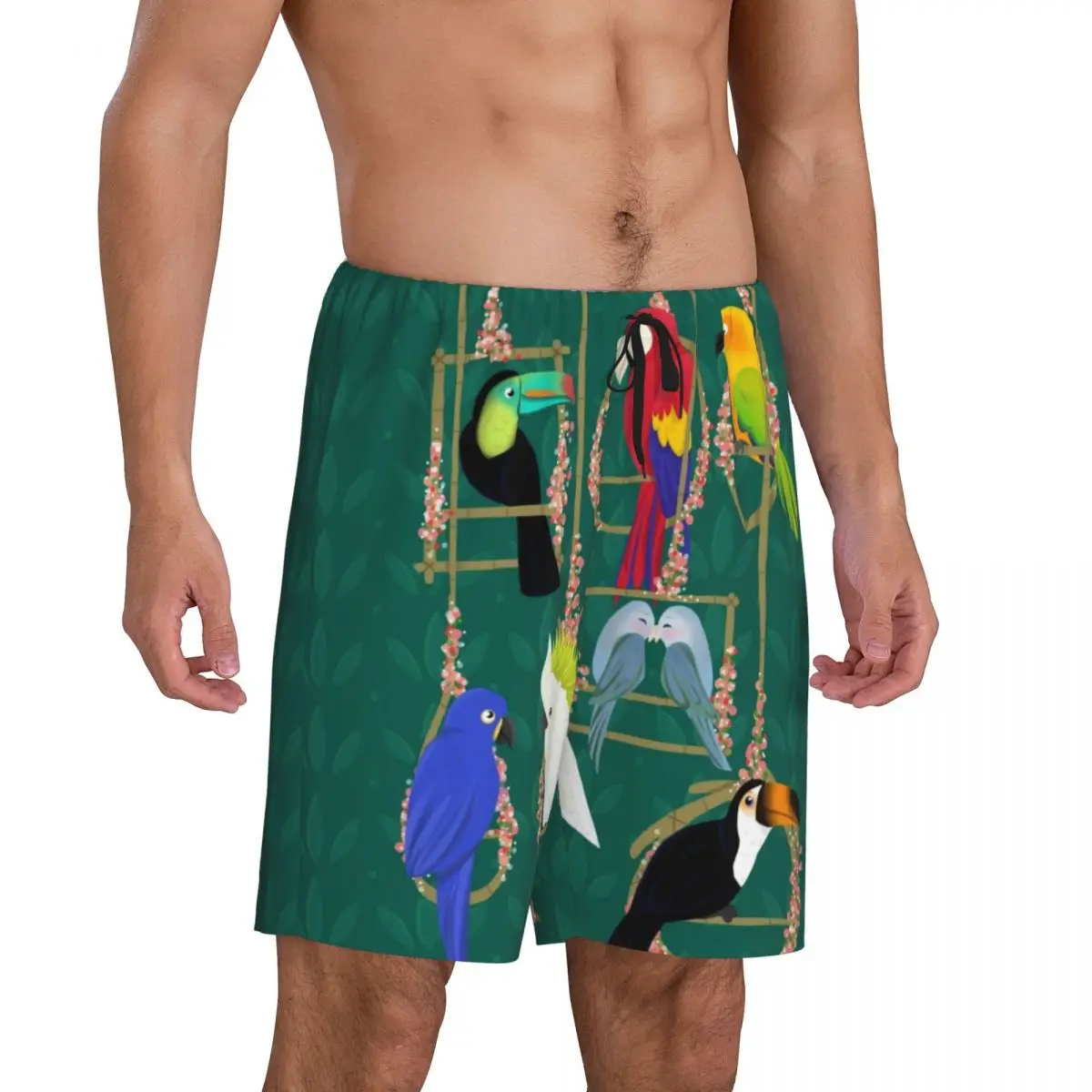 Custom Tropical Getaway Parrot Birds Pajama Bottoms Cockatiel Budgie Toucan Sleep Shorts Drawstring Sleepwear Pjs with Pockets