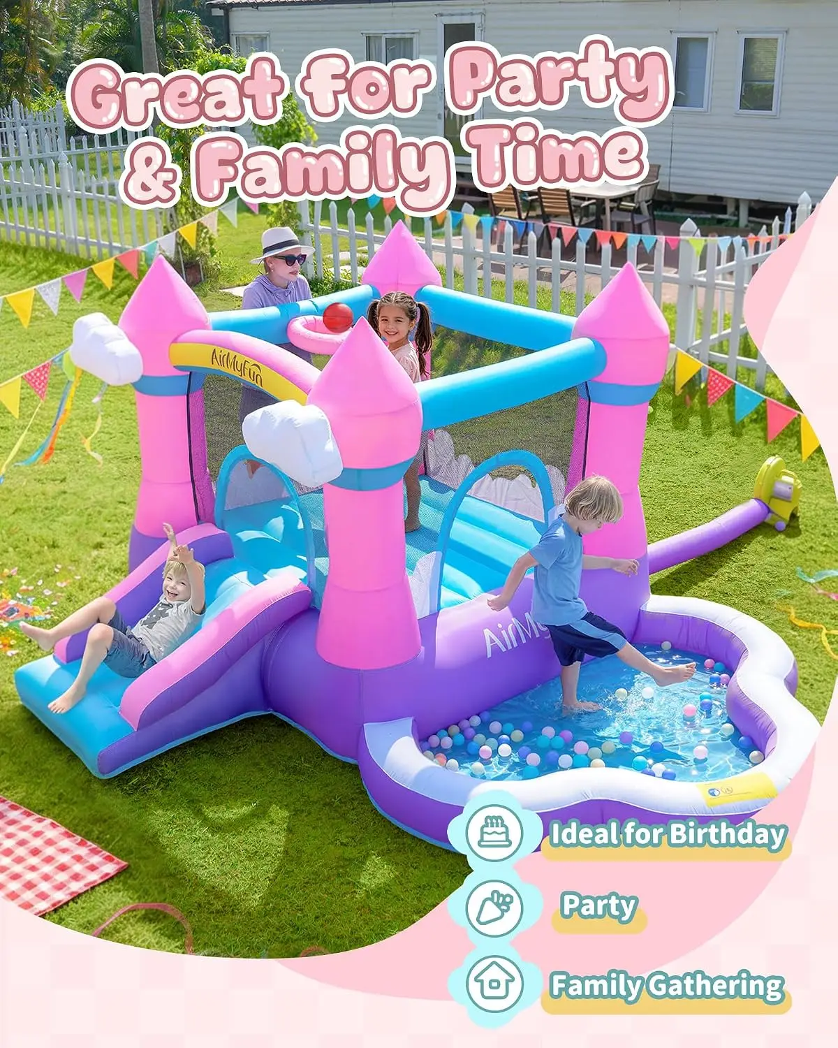 Pink Indoor/Outdoor Inflatable Bounce House for Kids 3-8 - Bouncy Castle with Slide, Blower, Water Pool & Ball Pit view 6