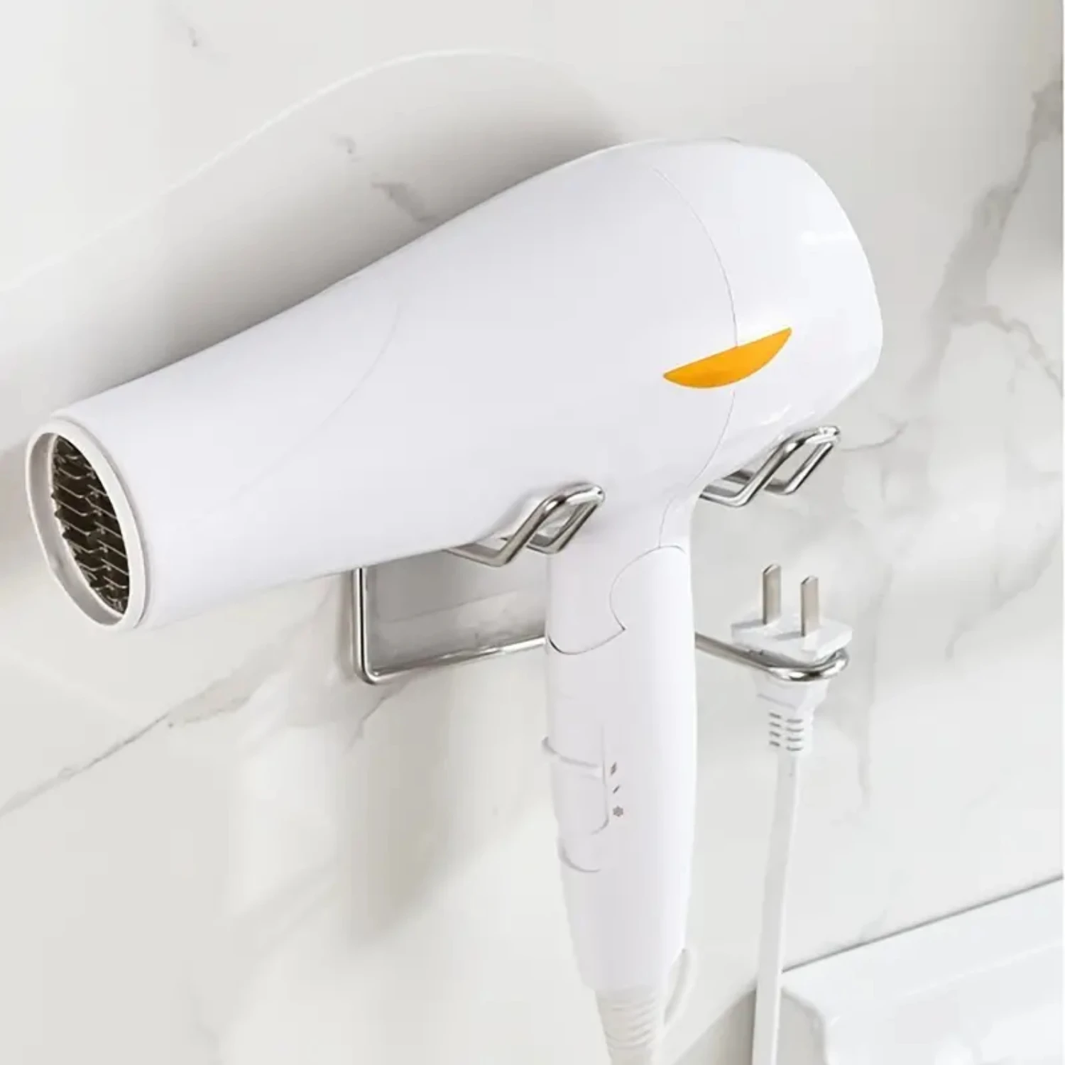 

Sturdy and Stylish 1-Piece Punch-Free Stainless Steel Hair Dryer Rack, Wall-Mounted Bracket with a Size of 3.74" x 3.54", Ideal