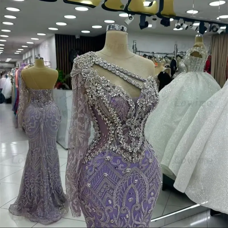 Purple Aso Ebi Purple Mermaid Prom Dresses 2025 Crystals Long Wedding Party Dress Customized Women Arabic Engagement Gowns Robes