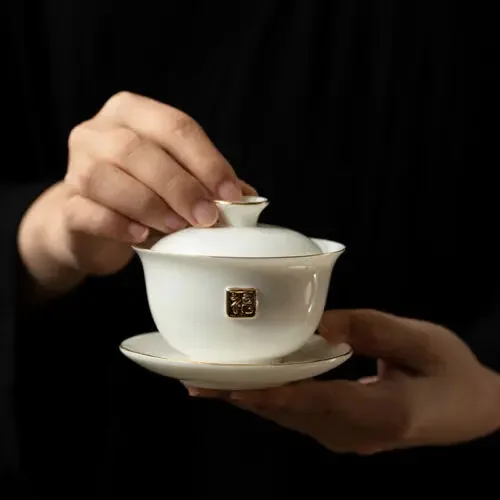 Fat mutton jade porcelain gaiwan Dehua white china tureen blessing words relief