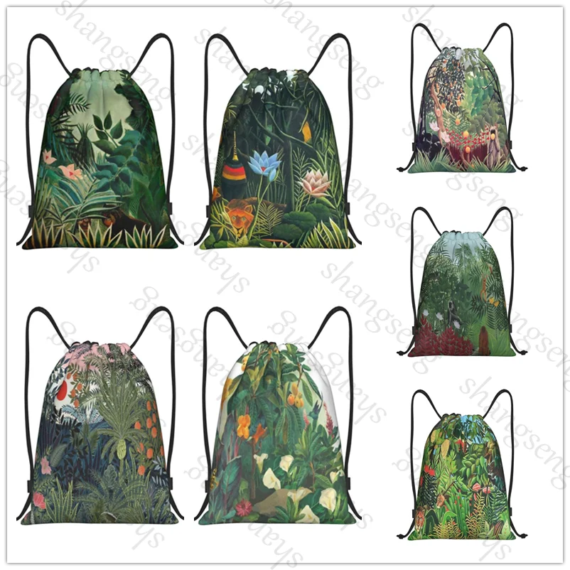 Drawstring Bag Sports Backpack Bundle Pocket Basketball Bags Boy Birthday Christmas Shoe Bag Jungle ink-wash painting flowers