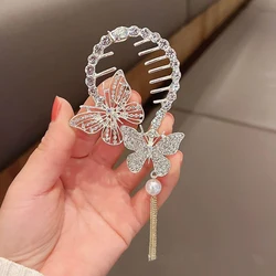 Exquisite Elegant Shiny Rhinestones Bun Buckle, Golden Hollow Butterfly Design Tassel Hair Clip, Women Girls Casual Leisure