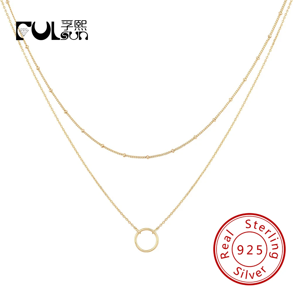 

Изящная минималистичная спутниковая цепочка из бисера с гладкой отделкой, круг из стерлингового серебра 925 пробы, позолоченное 14 карат, многослойное ожерелье, ювелирные изделия