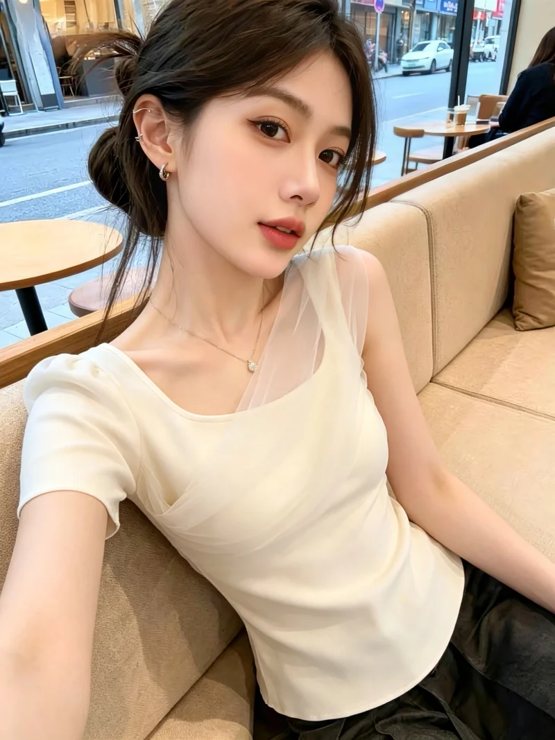 

Pure Desire Style Mesh Splice Knitted Top Women's Summer Design Sensation Gentle Age Reduction Side Shoulder Korean Version S...