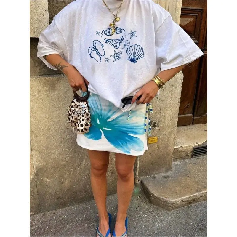 American retro summer 100% pure cotton marine creature conch starfish print loose and sexy INS style women's round neck T-shirt