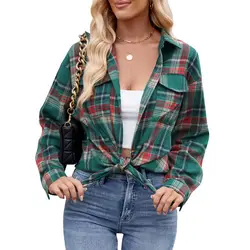 Spring Autumn New Women's Shirts Fashion Lapel Pocket Button Long Sleeve Tops Blouses Holiday Casual Loose Plaid Shirt For Ladie