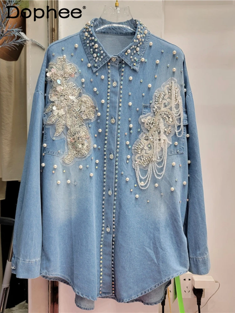 

Heavy Industry Beads Long Sleeves Denim Shirt Women 2024 Spring New Loose Sequined Shirt Lapel Single Breasted Denim Blue Top