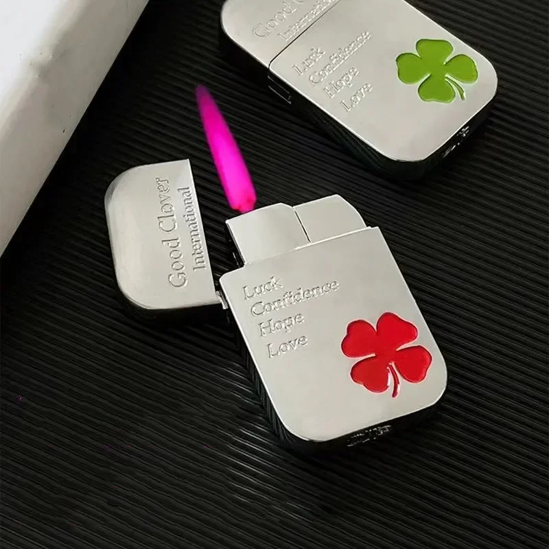 Portable Lucky Clover Pink Flame Lighter Windproof Red & Green Flame Lighter Butane Gas Lighter Cool Smoking Accessories No Box