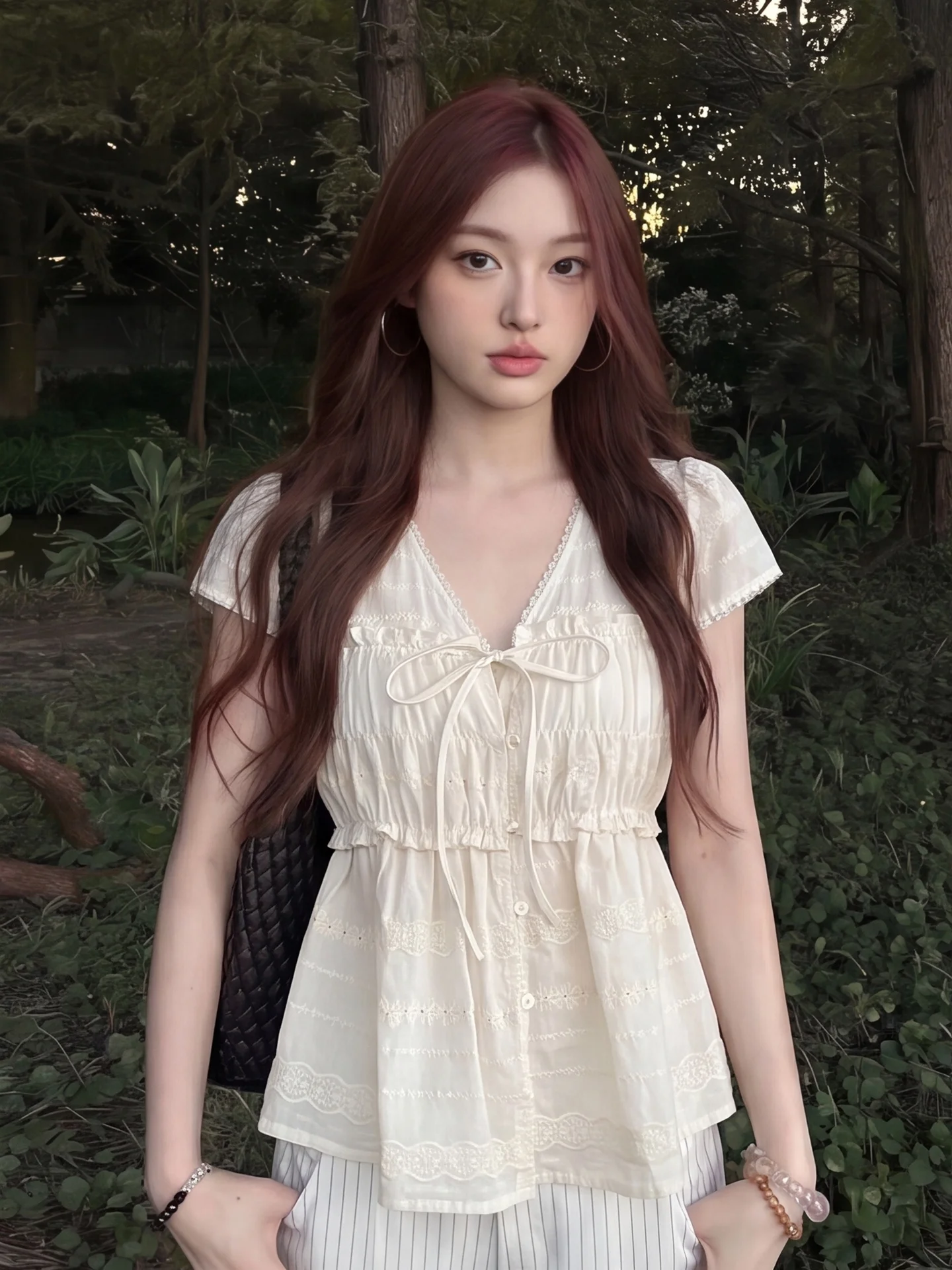 

French Style Embroidered Floral Short Sleeve Shirt Women's Summer Slim Fit Shirt V Neck Tie Waist Beautiful Gathered Top