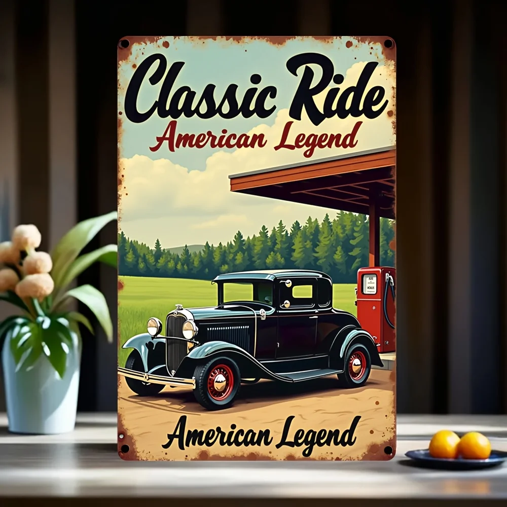 Vintage Metal Sign,  Classic American Car Gas Station Scene 