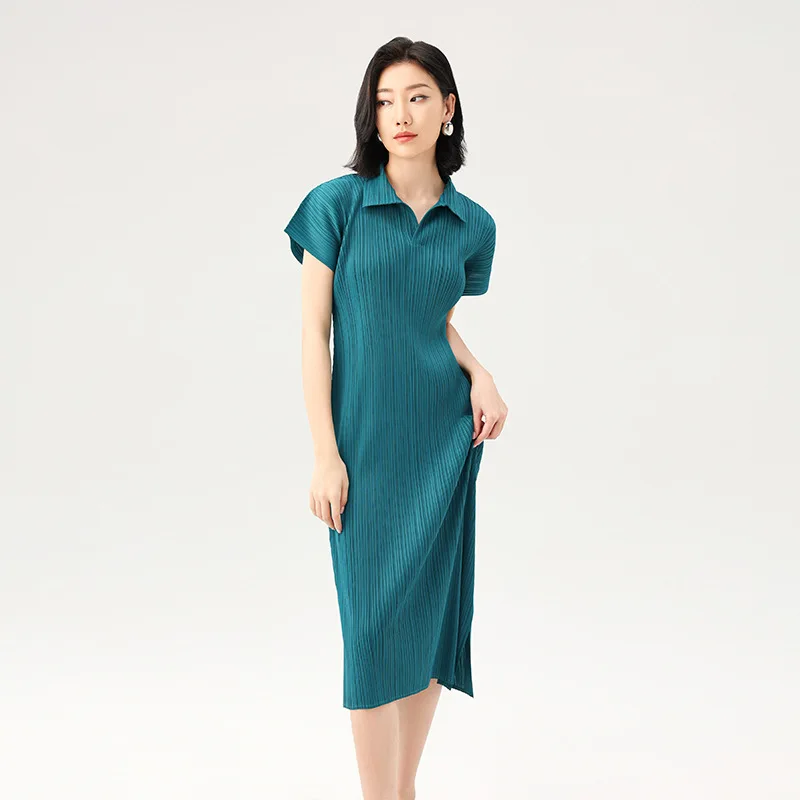 

Miyake Pleated Solid Color Dress 2025 Summer New Classic Fashion Lapel Casual Large Size Loose Dresses