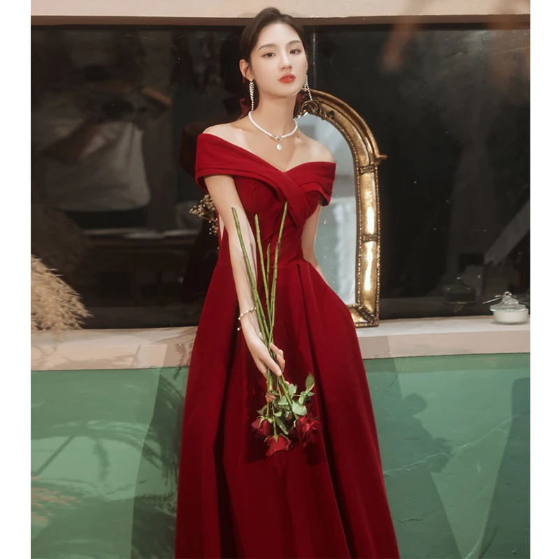 

Stunning Wine Red One-oulder Wedding Dr Beautiful Bridal Gown Long Evening Par Dr Women's Faionable Korean Sle