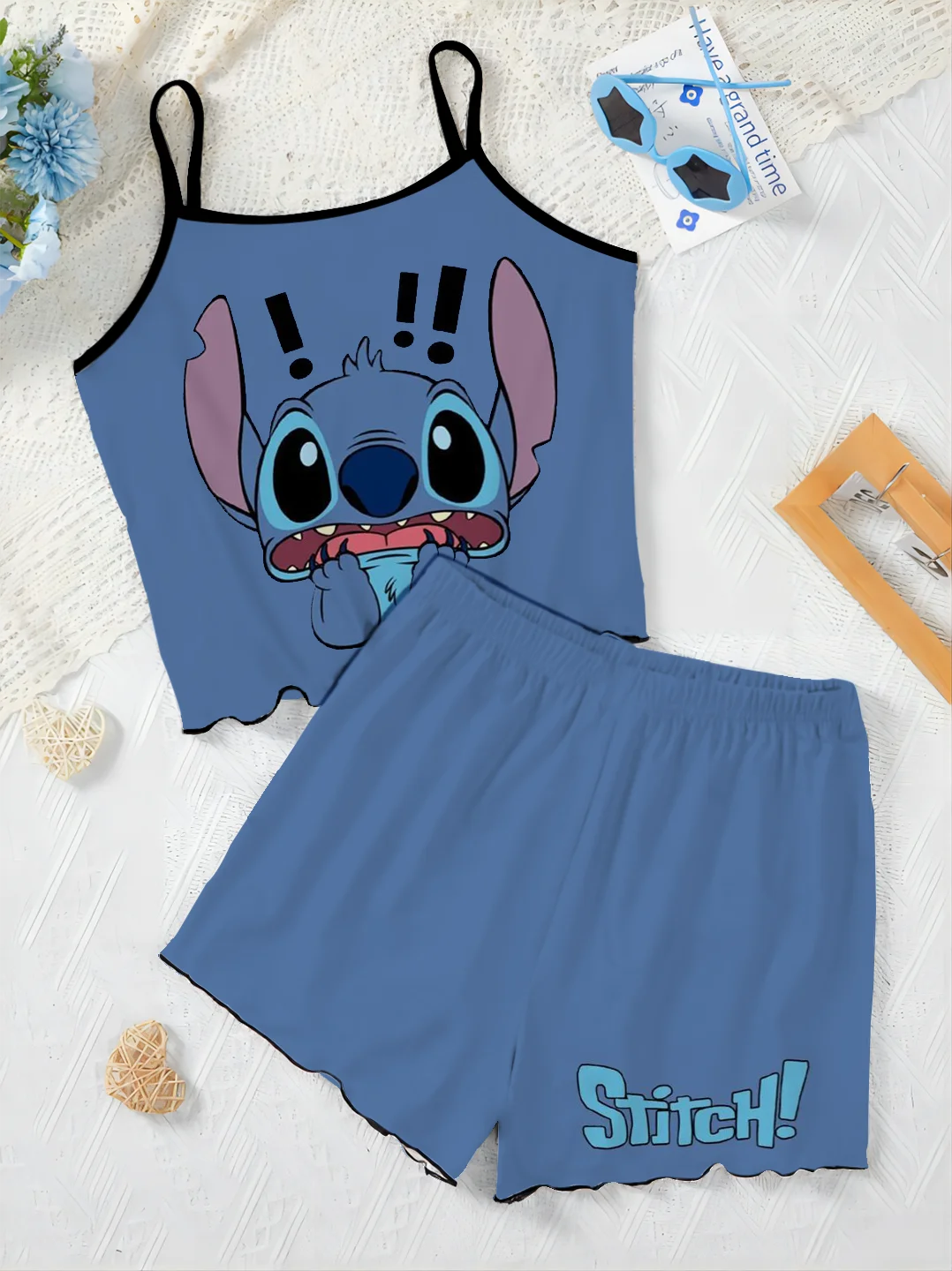 Women's Suit Lettuce Trim Pajama Skirt Short Sets Slip Dress Stitch Top Disney T-shirt Pieces Elegant 2-piece Disney Home Dress