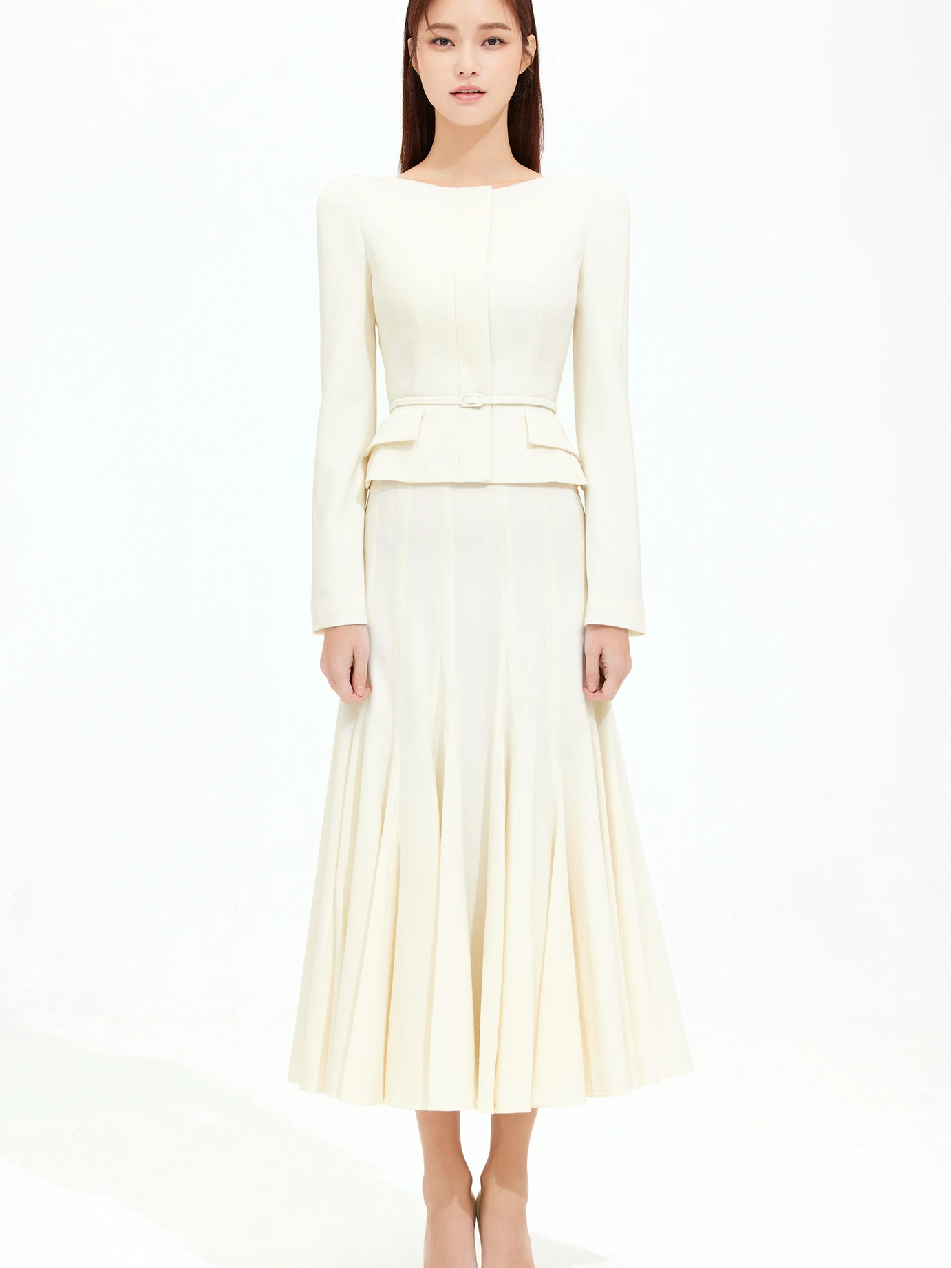 

High Waist Long Skirt And Short Jacket Set Women's Fashion Spring 2026 Wool Blend One Shoulder Boat Neckline Two-Piece Suit