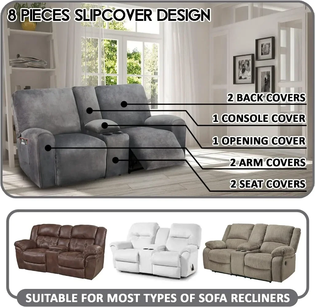 Reclining Loveseat with Middle Console Slipcover, 8-Piece Velvet Stretch Sofa Covers, 2 seat Loveseat Recliner Cover