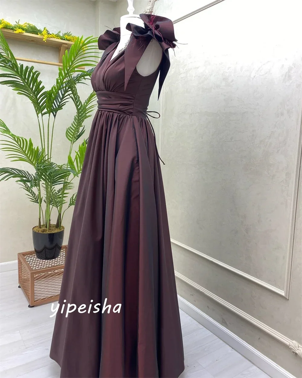 تخصيص الرجعية مطابقة أنيقة كلاسيكية جيرسي كشكش ريشة الطية ألف خط الخامس الرقبة فساتين طويلة فساتين السهرة الطراز الحديث S