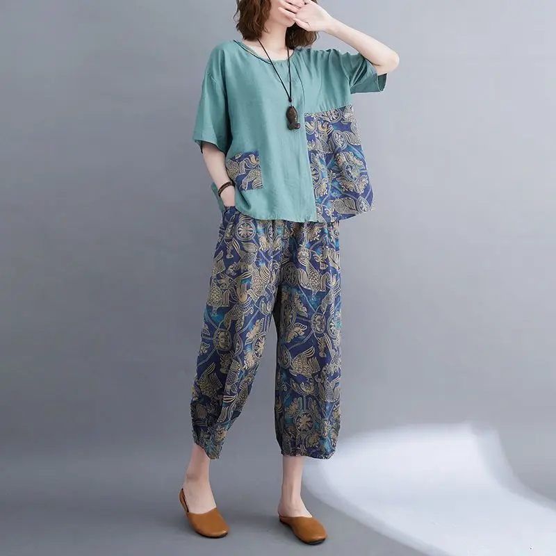 Women\'s Fashion Loose Printing Two Piece Set Summer Cropped Pants Casual Round Neck Short Sleeve T-shirt Female Clothing 2023