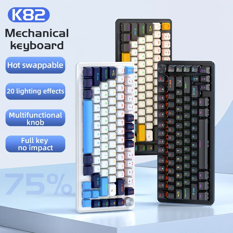 

Механическая клавиатура K82, 82 клавиши, 75% проводная лента-c, сине-красные переключатели с возможностью горячей замены, игровые аксессуары, крутая подсветка, Windows и Mac