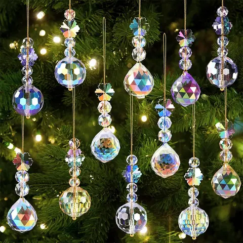 12pcs Crystal Clear Christmas Tree Pendants Ornaments Colorful Glass Baubles Decorations For DIY Christmas Tree Decorations