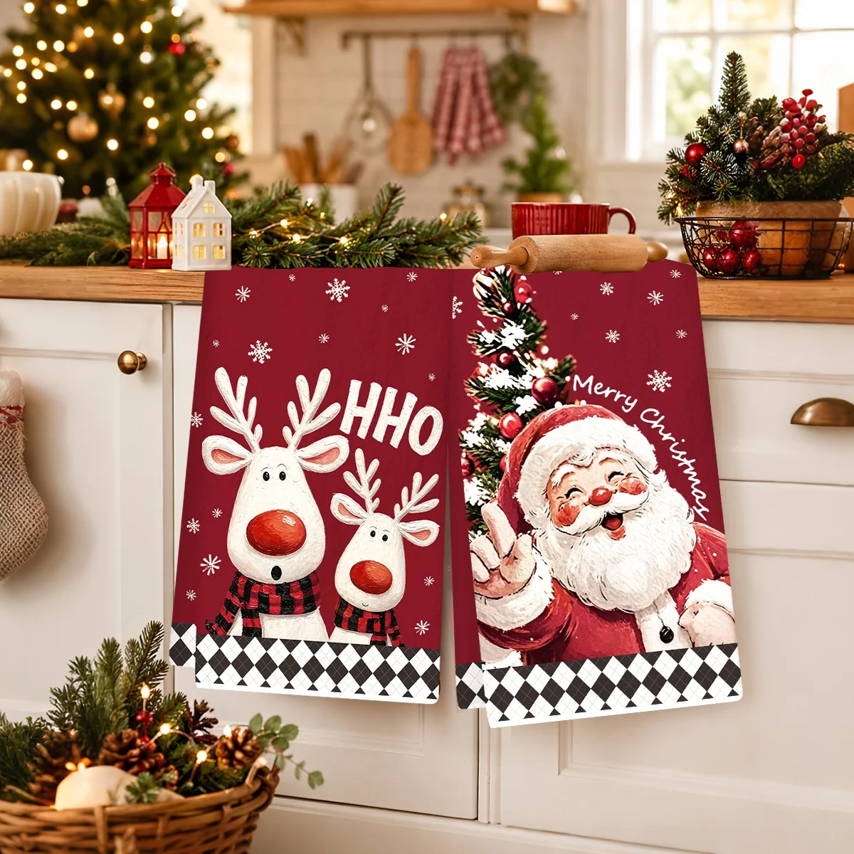 2 Stück Frohe Weihnachten Handtücher Retro Weihnachtsmann Rentier Saugfähige Küchentücher Navidad Weihnachtsdekoration für Zuhause 2026 – Detail 3