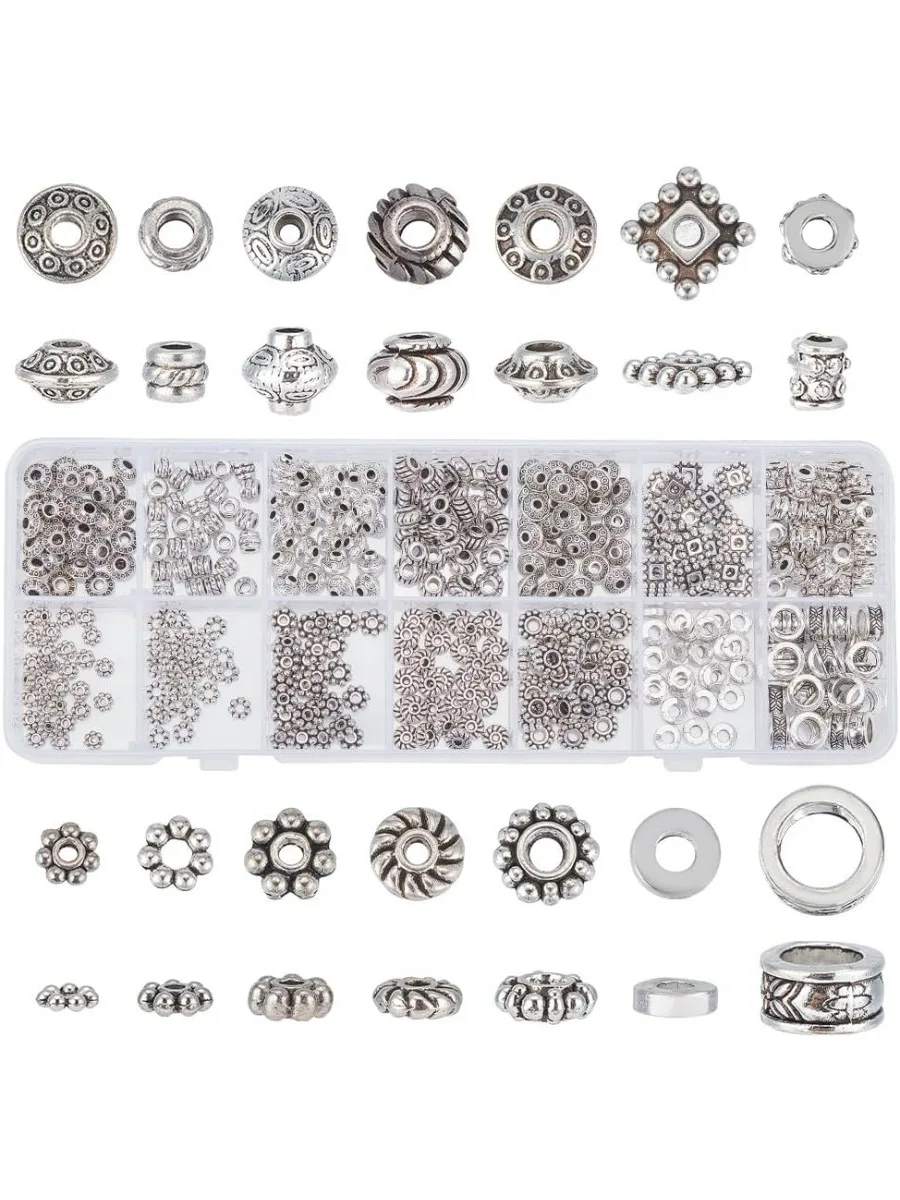 420pcs Tibetan Metal Beads 14 Style Silver Spacer Beads Daisy Snowflake Rondelle Beads Jewelry Bead Charm Spacers Alloy Loose