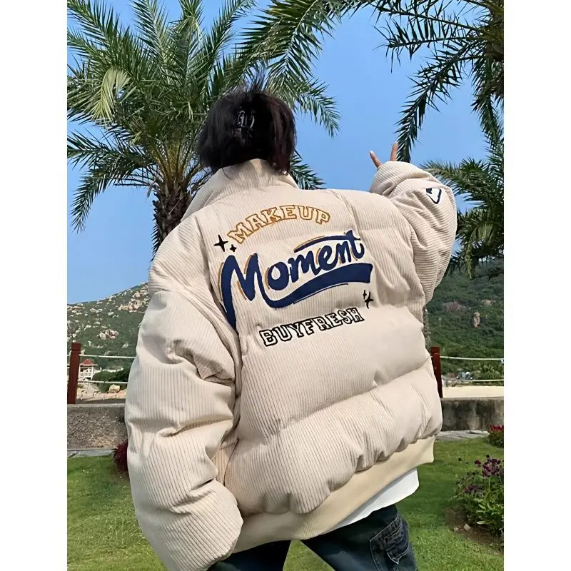 

Retro American Corduroy Embroidered Stand Collar Cotton Jaet Loose Fit Men's Coat Hip Hop Sle Detachable Hood Daily Wear