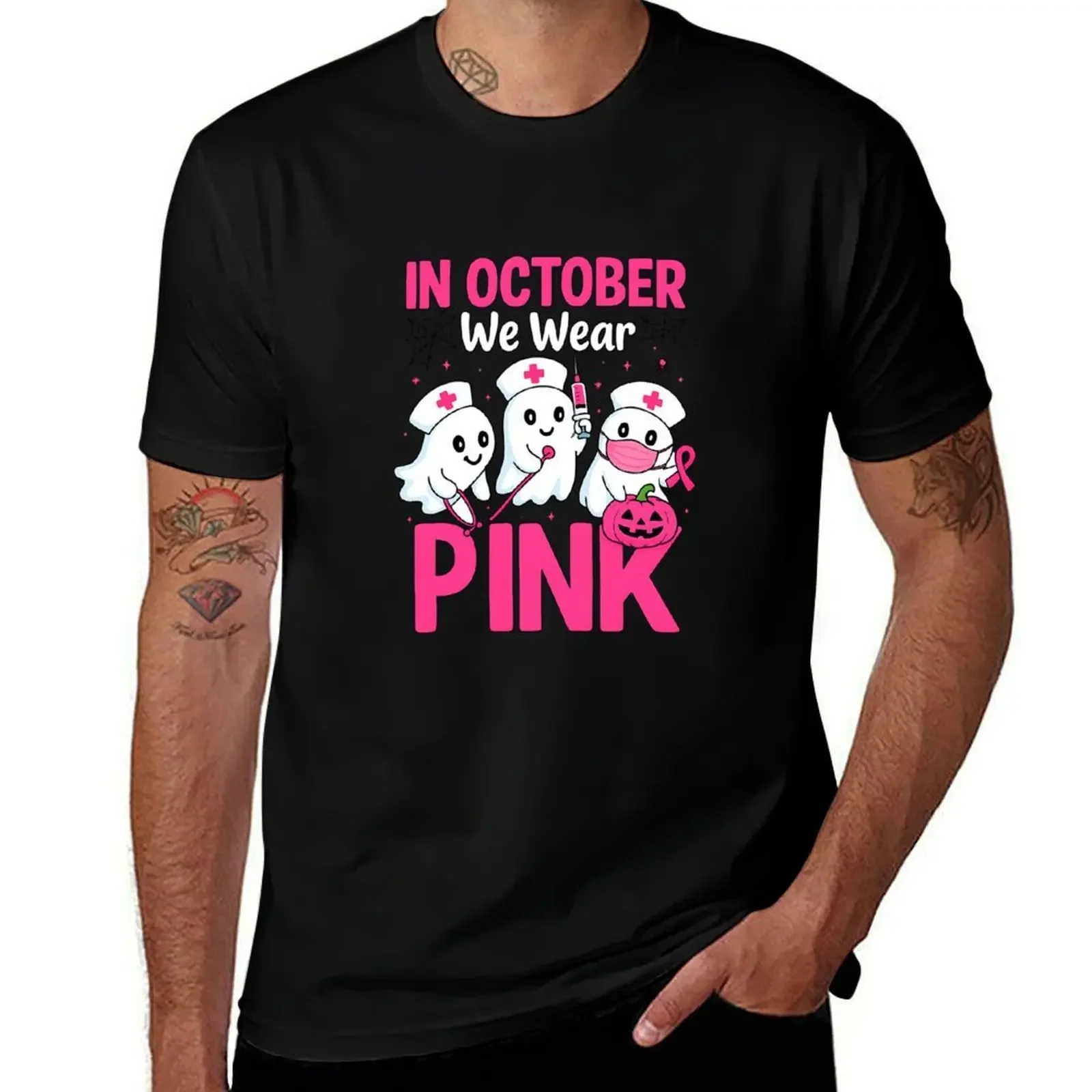 

October We Wear Pink Nurse Breast Cancer Awareness Halloween T-Shirt baggy shirts plus size men clothing