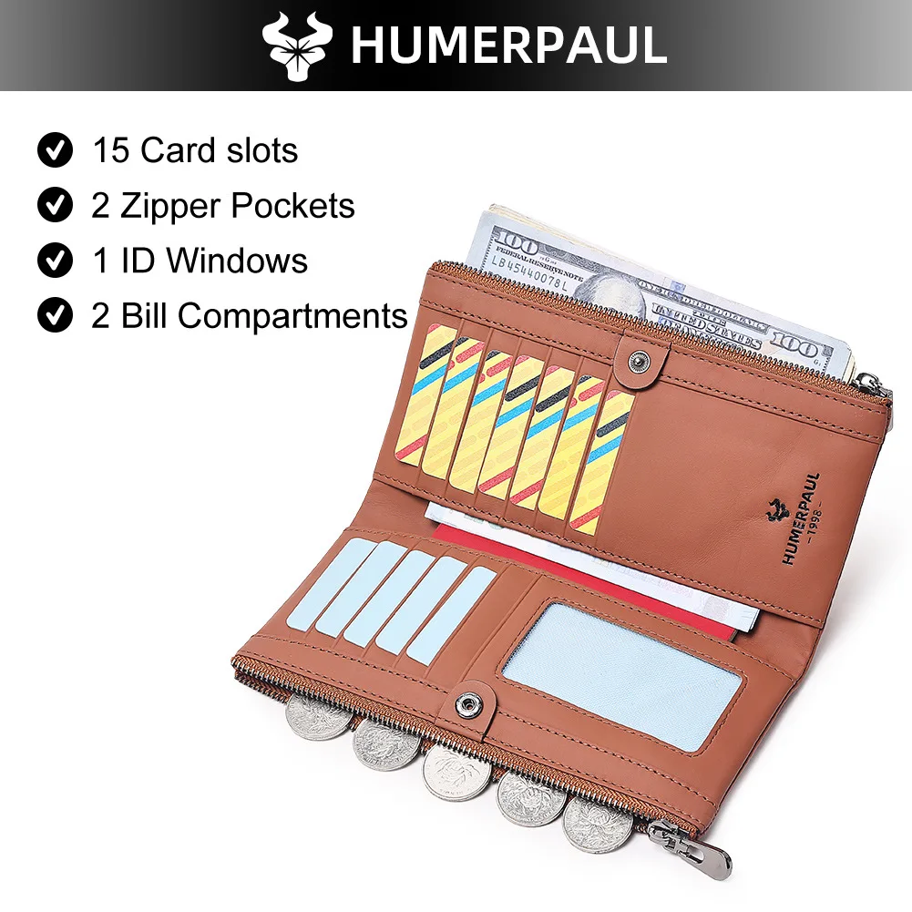 Real leather zipper ladies purse long double zipper large capacity mobile phone storage RFID multi-card handheld purse