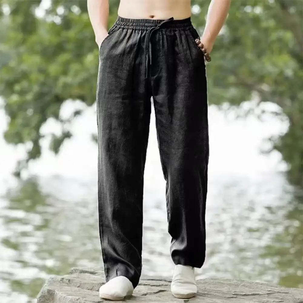 Men's Cotton Linen Pants Male Autumn New Breathable Solid Color Linen Trousers Fitness Streetwear S-3XL
