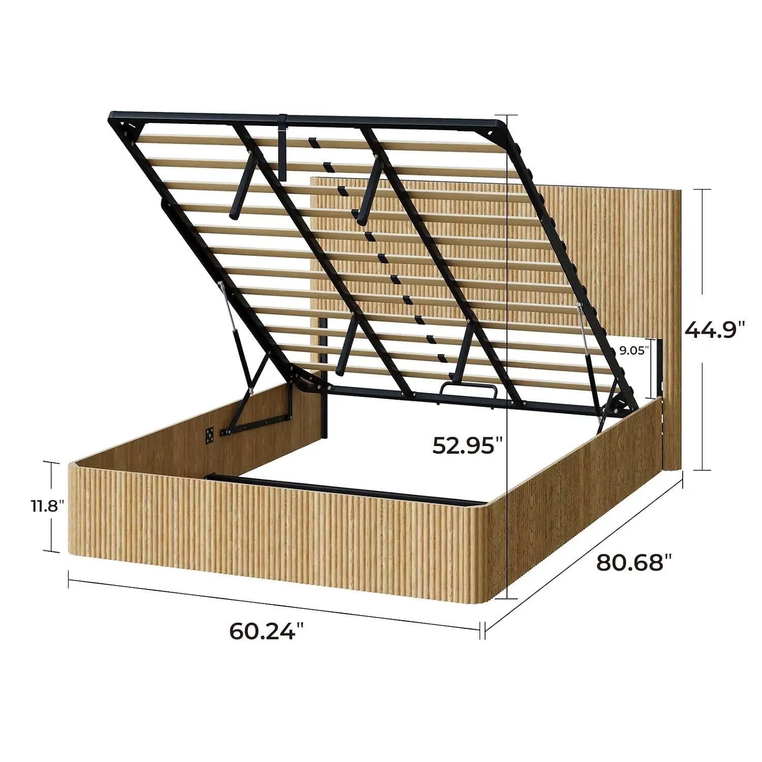 Queen Lift-Up Storage Bed Frame Fluted Headboard Wood Platform Gas Lift Customized