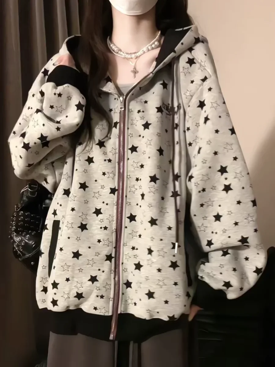 Retro American Early Spring Hooded Cardigan Sweater Women's Cute Star Print Open Front Coat Casual Loose Fit Long Sleeve