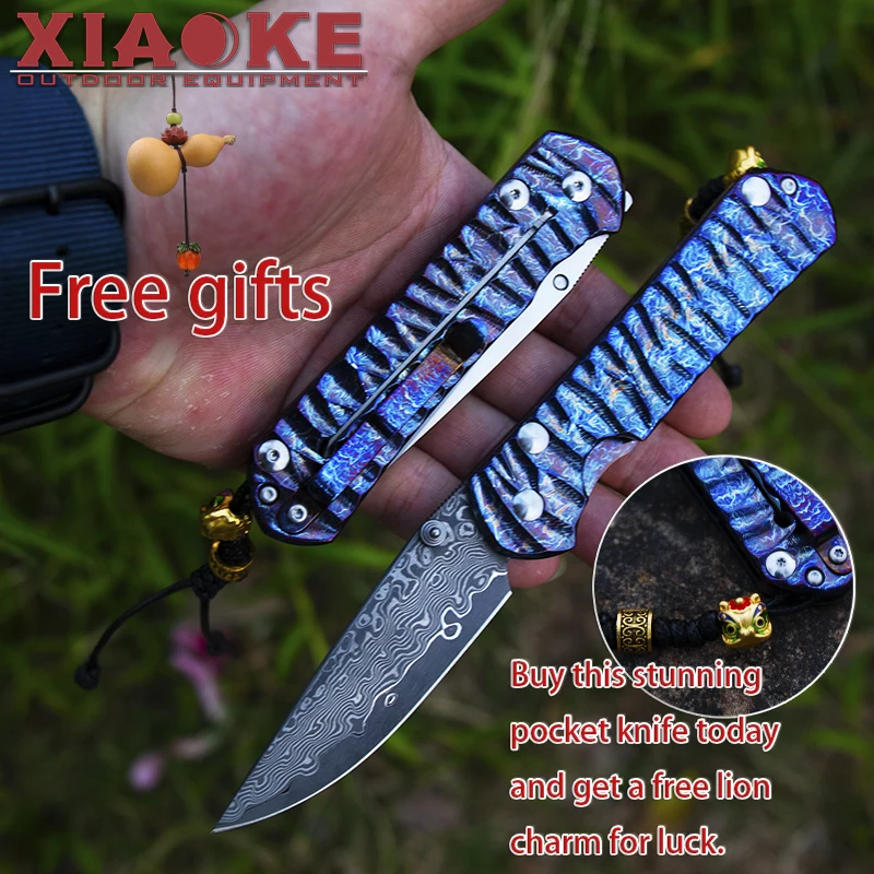 

Professional Camping Hunting EDC Knife, VG10 Core Damascus Steel Blade, TC4 Titanium Alloy Portable Pocket Folding Knife
