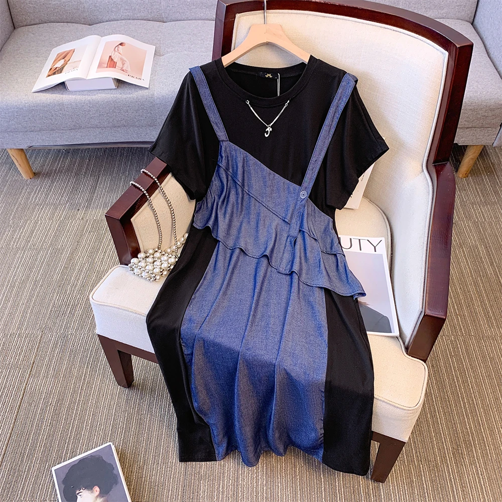 Plus-size women's summer casual commute loose comfortable dress fake two spliced blue suspenders skirt short sleeve long dress