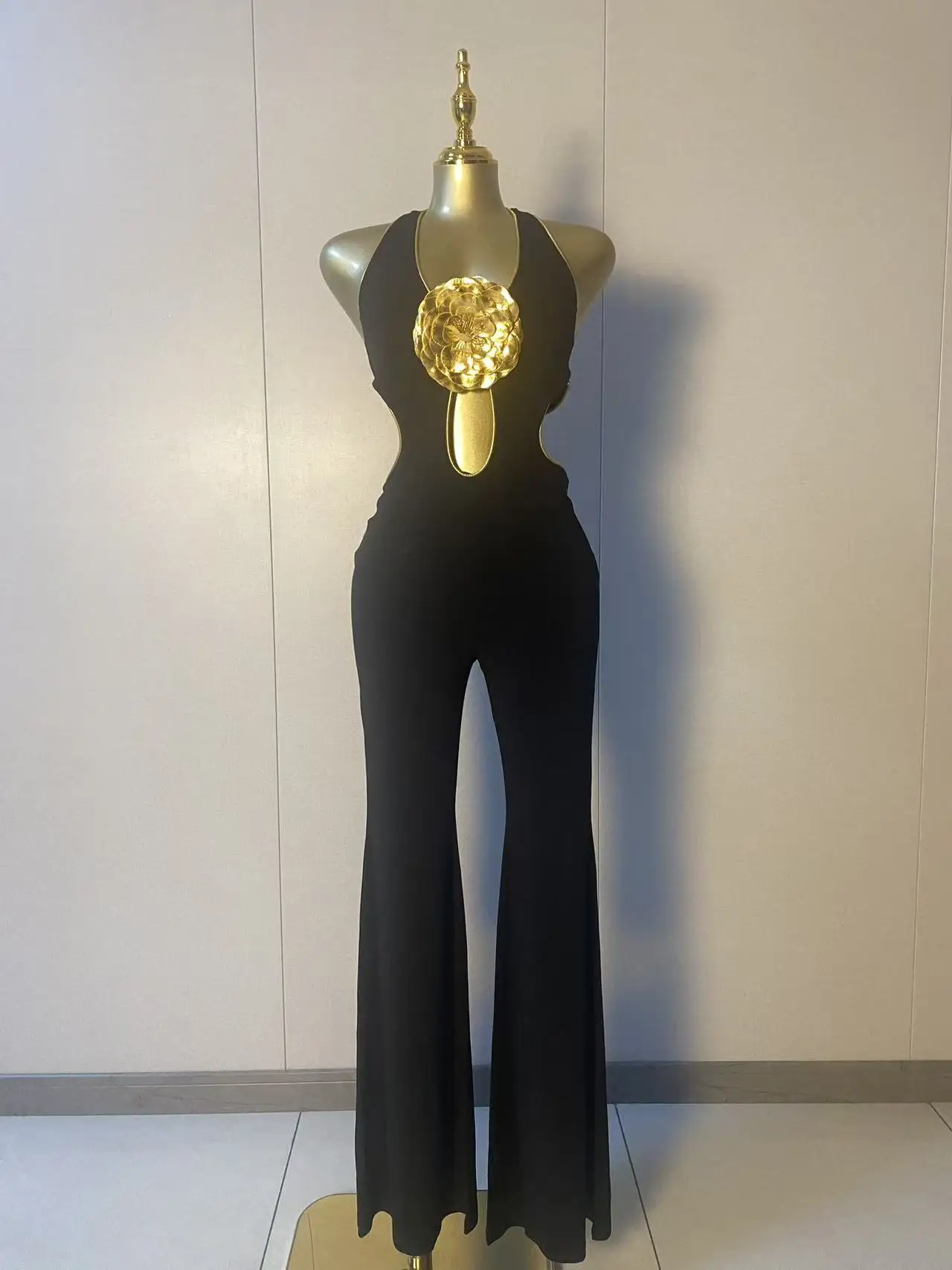 

2025 Celebrity Women Luxury Sexy Sleeveless 3D Flowers Black Bandage Jumpsuit Celebrity Designer High Street Rompers