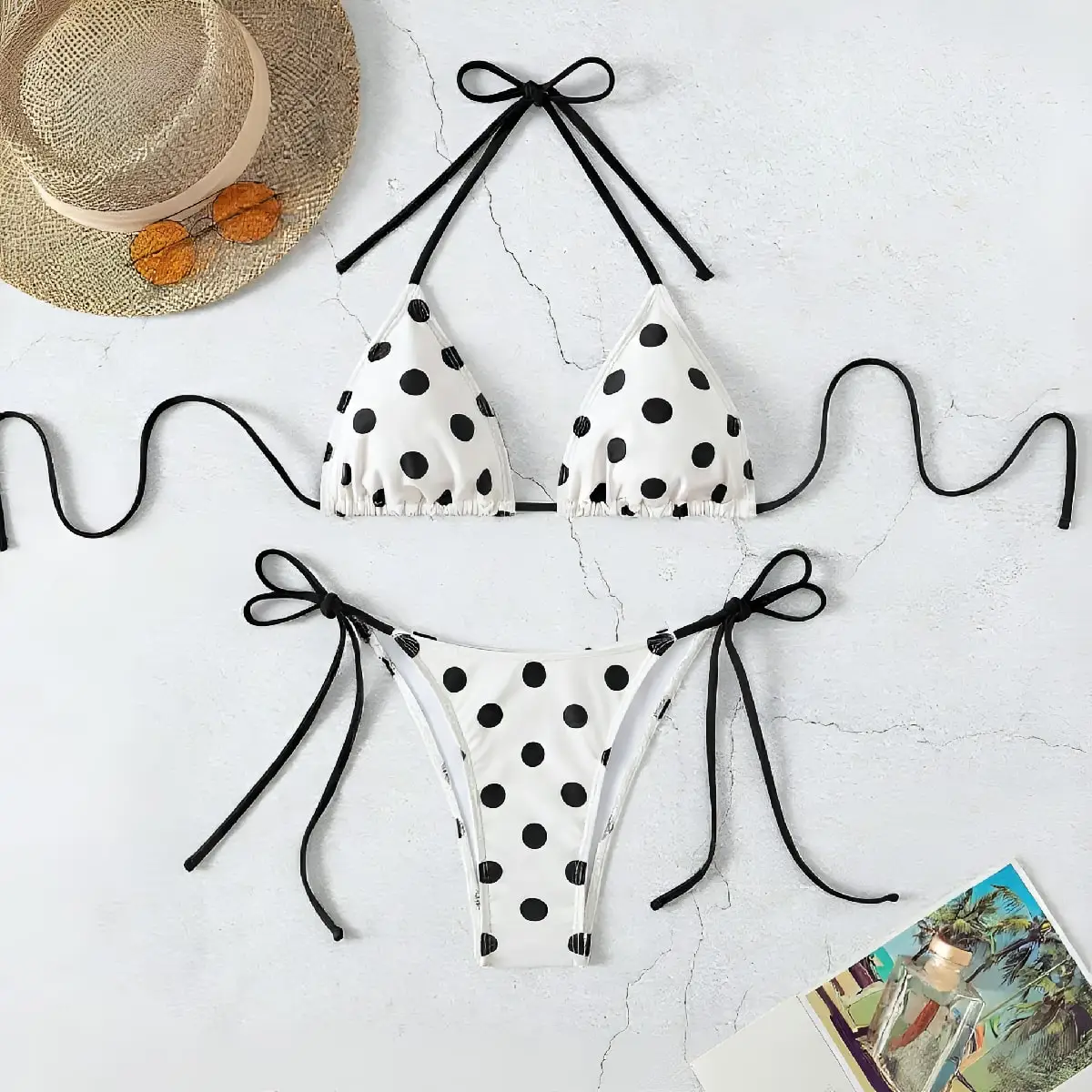 Women Polka Dot Bikini Set Halter Triangle Tie Top Side Tie Cheeky Bottom Two‑Piece Swimsuit Beach Bathing Suit