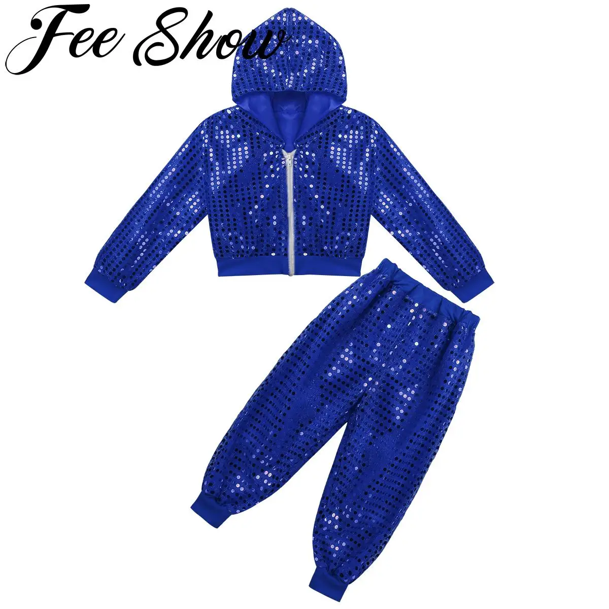 

Kids Boys Girls Shiny Sequins Street Dance Outfits Sets Hip Hop Dance Performance Long Sleeve Hooded Tops with Harem Pants Set