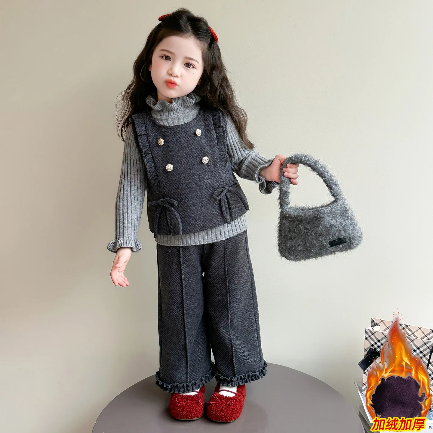 Girl's Ear Edge and Velvet Vest Three Piece Set Autumn/Winter 2025 New Children's Korean Fashion Little Girl Set