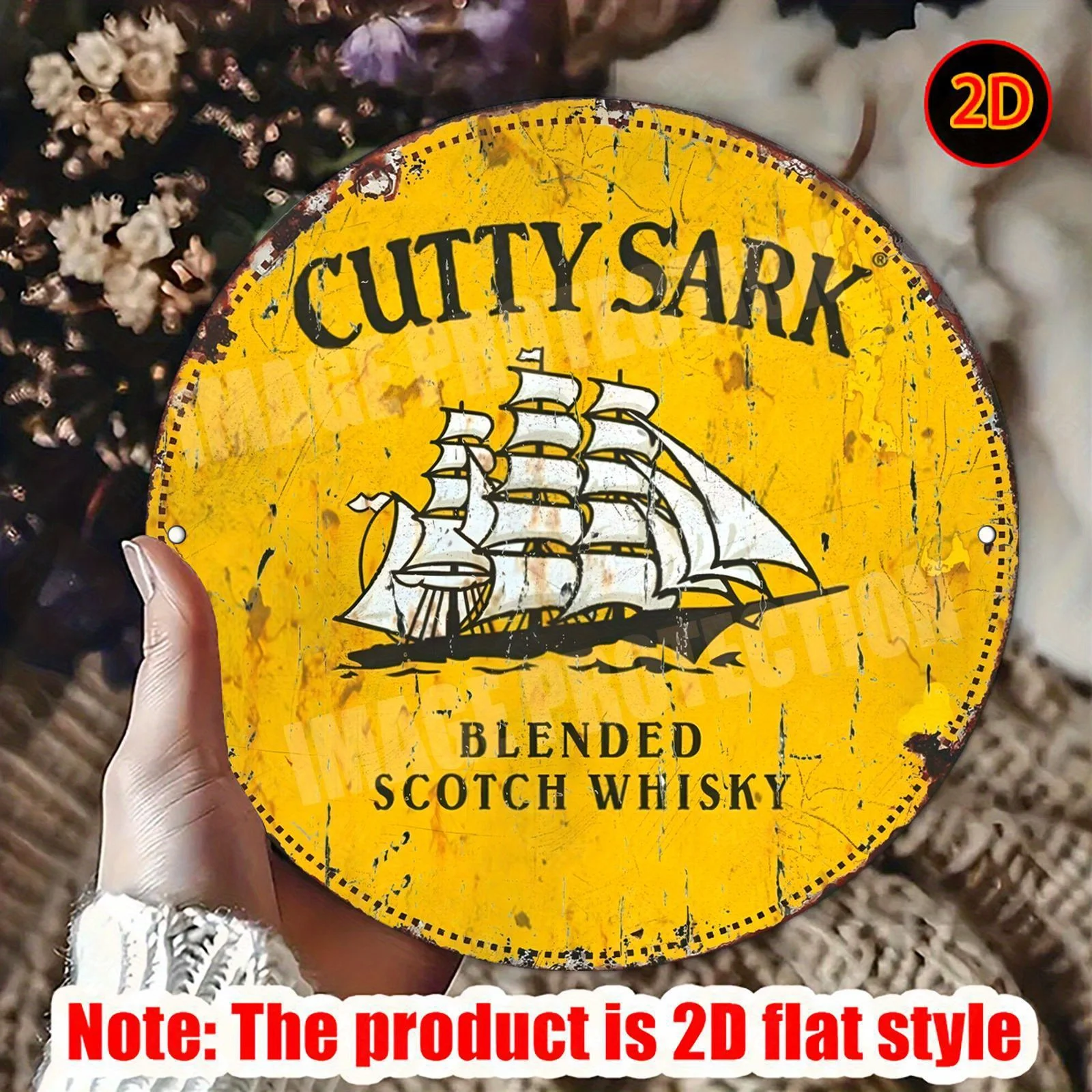 2D Flat - Vintage Cutty Sark Blended Scotch Metal Sign Round Retro Wall Art with Sailing Ship Design, Durable  Decor for Bar