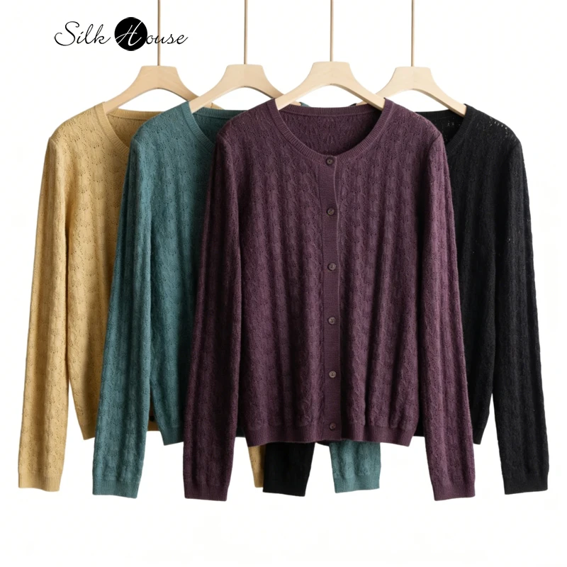 2026 Women's Spring and Autumn New Solid Color 64% Natural Mulberry Silk Round Neck Knitted Cardigan Jacquard Hollow Top