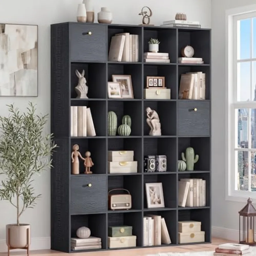 

Современный модульный стеллаж-органайзер с 24 открытыми полками и 3 контейнерами для хранения, черный, под дерево, отдельно стоящая полка для спальни и гостиной