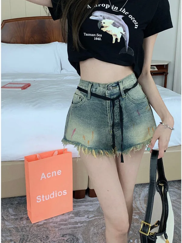 Shorts jeans de cintura alta para mulheres, perna larga, encaixe solto, emagrecimento, fino, emagrecimento, lazer, menina, linha A, quente, 4879, novo, verão, 4879