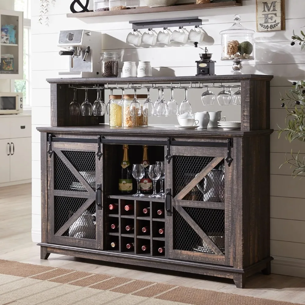 

OKD Farmhouse Coffee Bar Cabinet with LED Lights, 55" Sideboard Buffet Table w/Sliding Barn Door & Wine and Glass Rack, Home