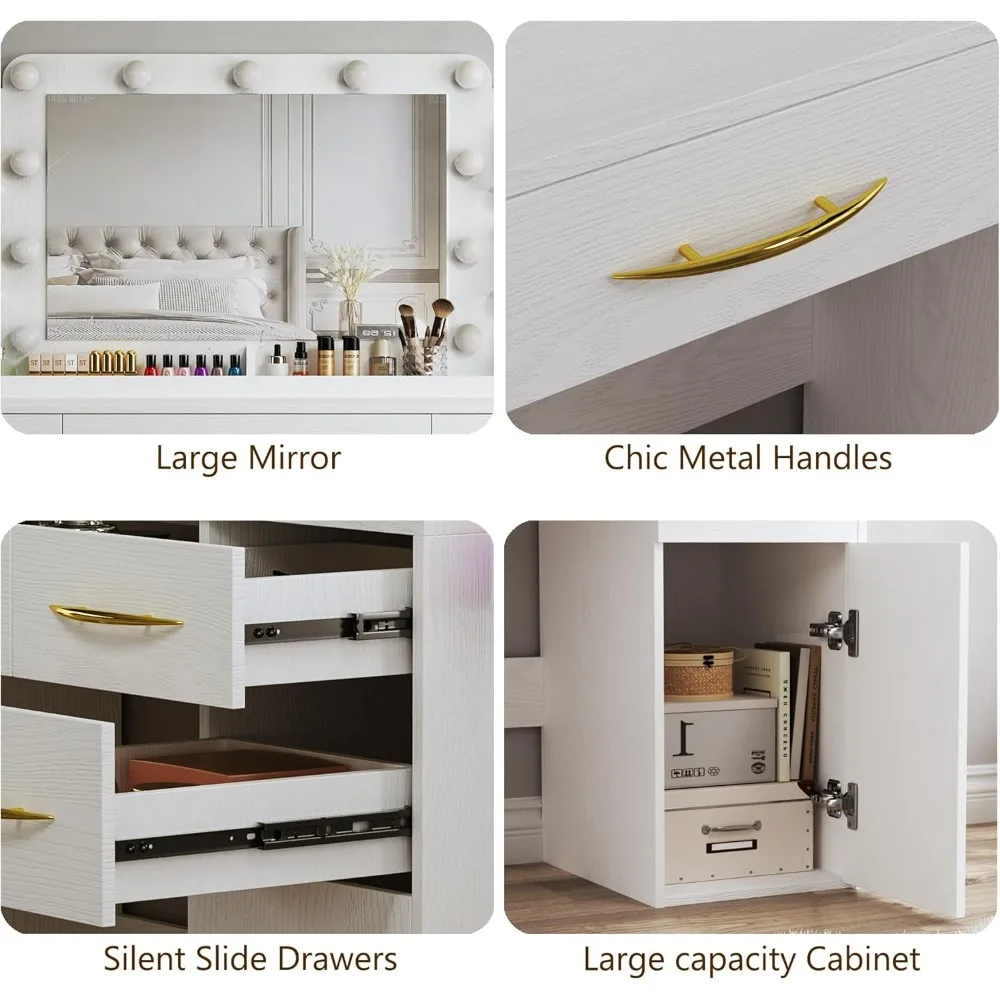 Meja Rias Rias dengan Lampu, Meja Rias Besar 45,5" dengan Cermin dan Lampu dalam 3 Model, Meja Rias dengan Stopkontak,