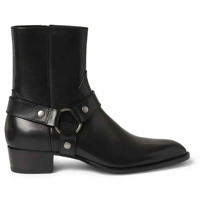 Tan/Black Cow Suede Chains Harness Buckle Men Boots Stacked Heel Anke Boots Side Zip Men Fashion Boots Men Shoes