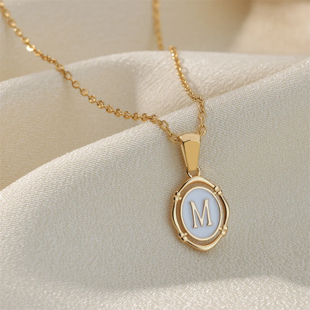 Stainless Steel A-Z Letter Necklace For Women Gold Color Circular Dropping Oil Initial Pendant Neck Chain Aesthetic Jewelry