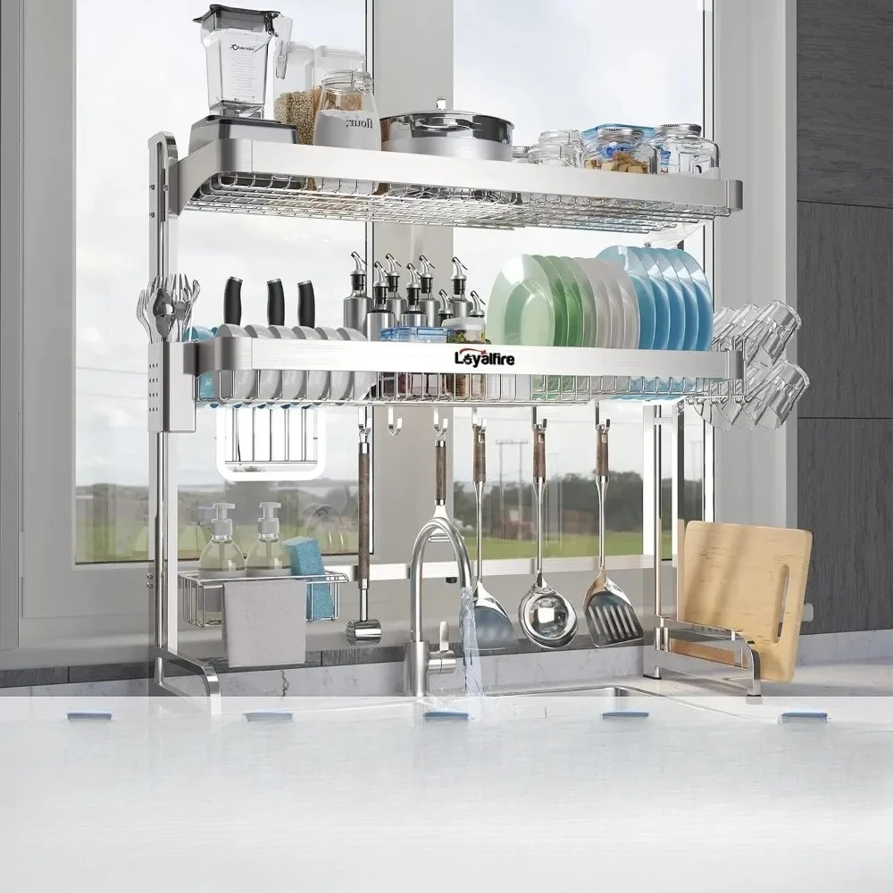 

Over Sink Dish Drying Rack, 3 Tier Adjustable Length Full Stainless Steel Large Storage Kitchen Dish Rack